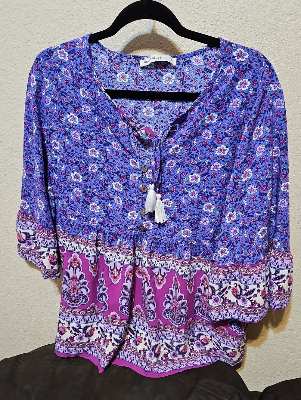 STYLUS Purple Floral Border Tunic with Tassel Tie